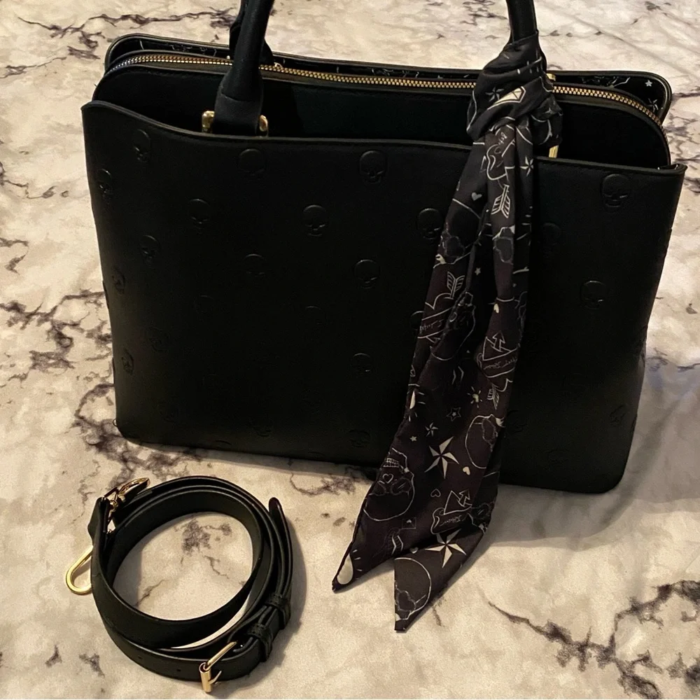 NWOT π Betsey Johnson Embossed Skullicious Satchel Skulls Tote Handbag & Scarf - Picture 1 of 8